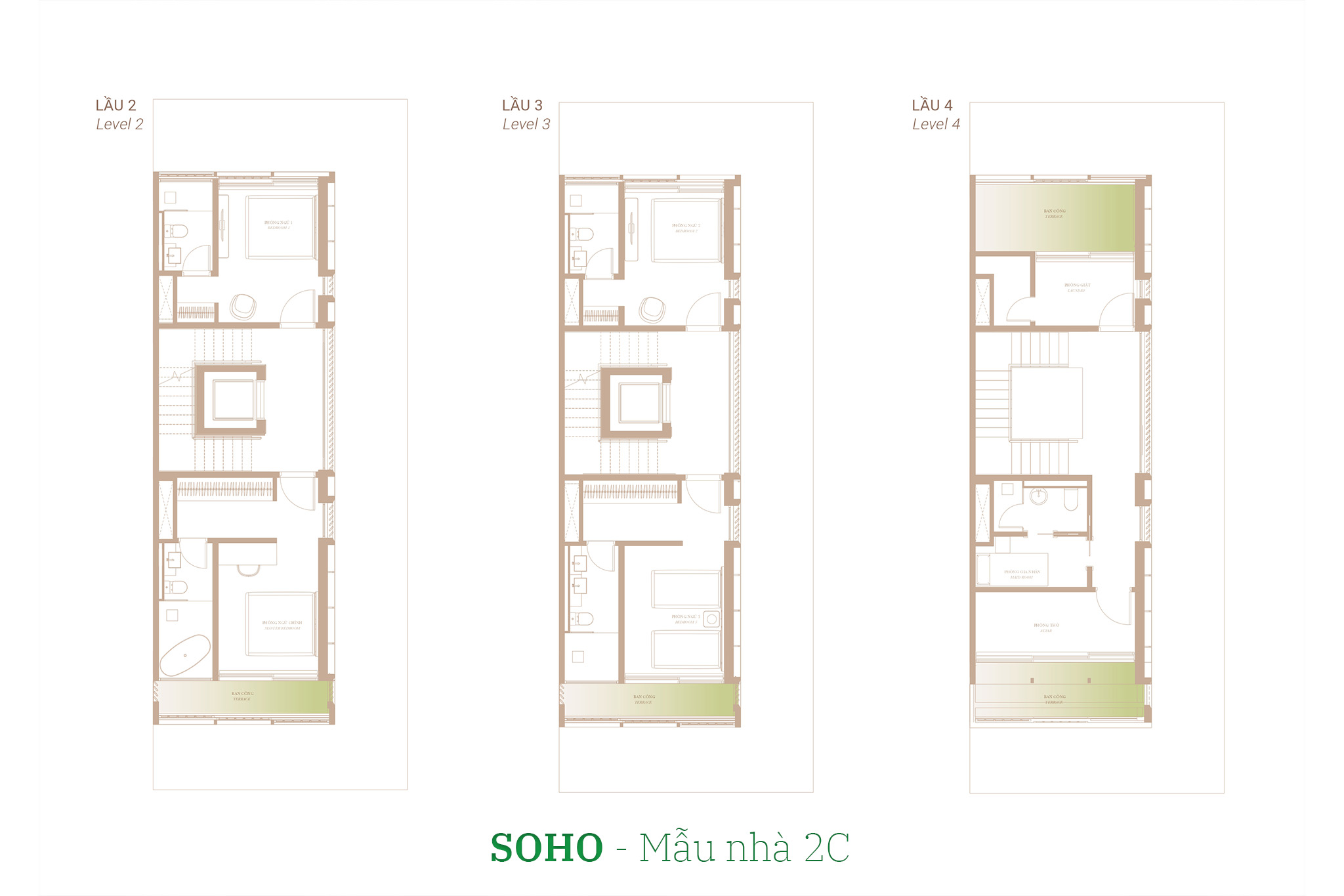 Nhà phố The Global City | Mặt bằng thiết kế nhà phố SOHO - Mẫu nhà 2C